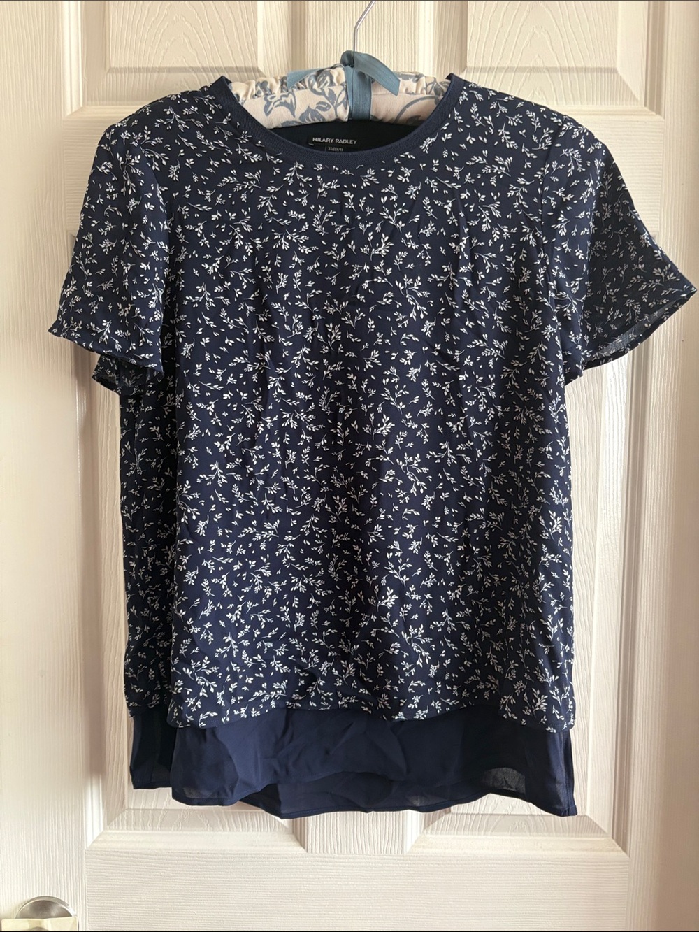 Hilary Radley Navy and White Floral Layered Short Sleeve Blouse